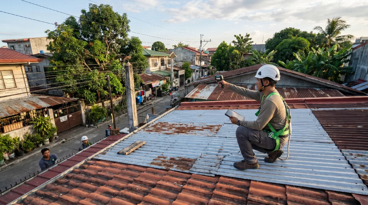 Solar installer checking a Philippine home roof before designing a system